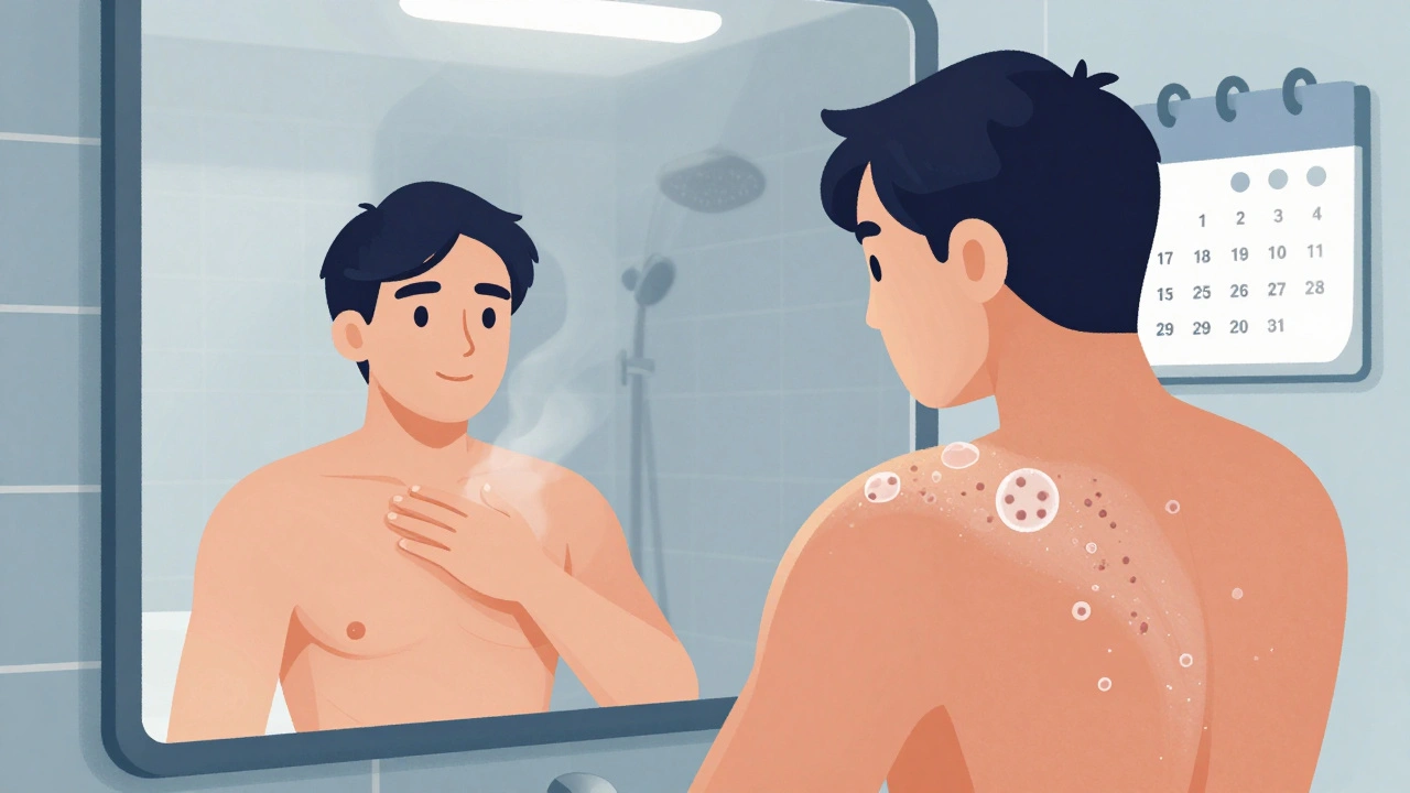 Person applying antifungal shampoo monthly, with a calendar marked for prevention.