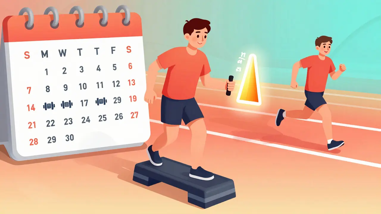 Person holding isometric heel raise with pain scale and calendar showing 12-week progress toward running again.