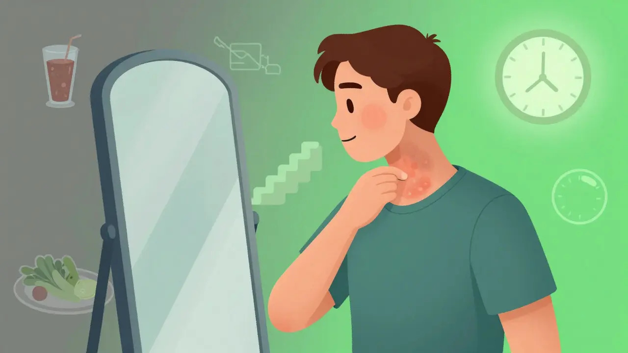 Person noticing dark skin patches on neck, surrounded by icons of healthy habits like walking and vegetables