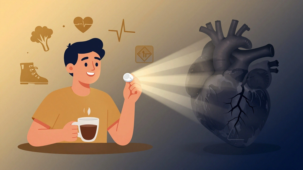 Person taking pill daily while dark health threats fade away in gradient light