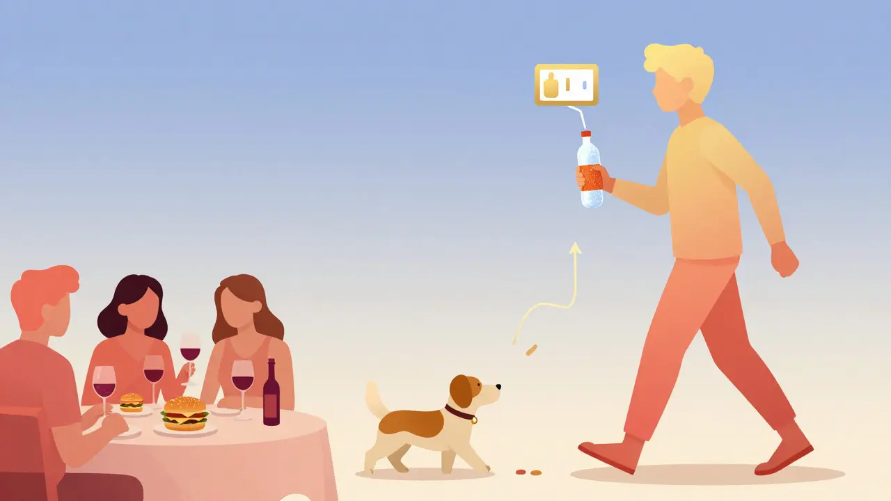 Person walking their dog with sparkling water while friends eat junk food nearby.