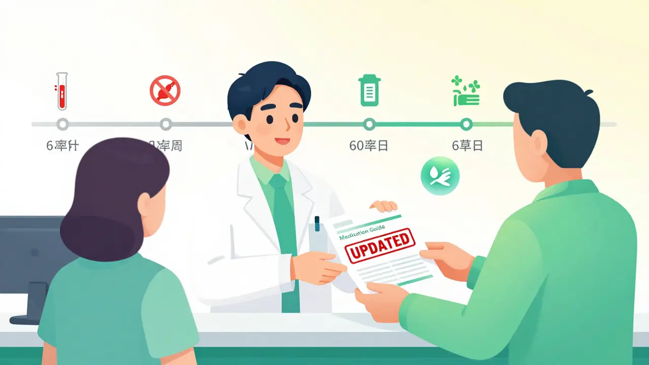 Pharmacist giving an updated Medication Guide, with timeline showing safety revisions over time.