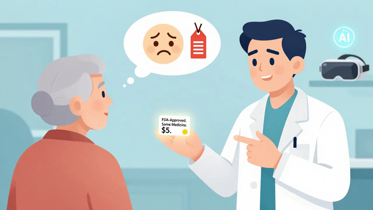 Pharmacist handing generic medication to patient, with price tag transforming into a green checkmark.