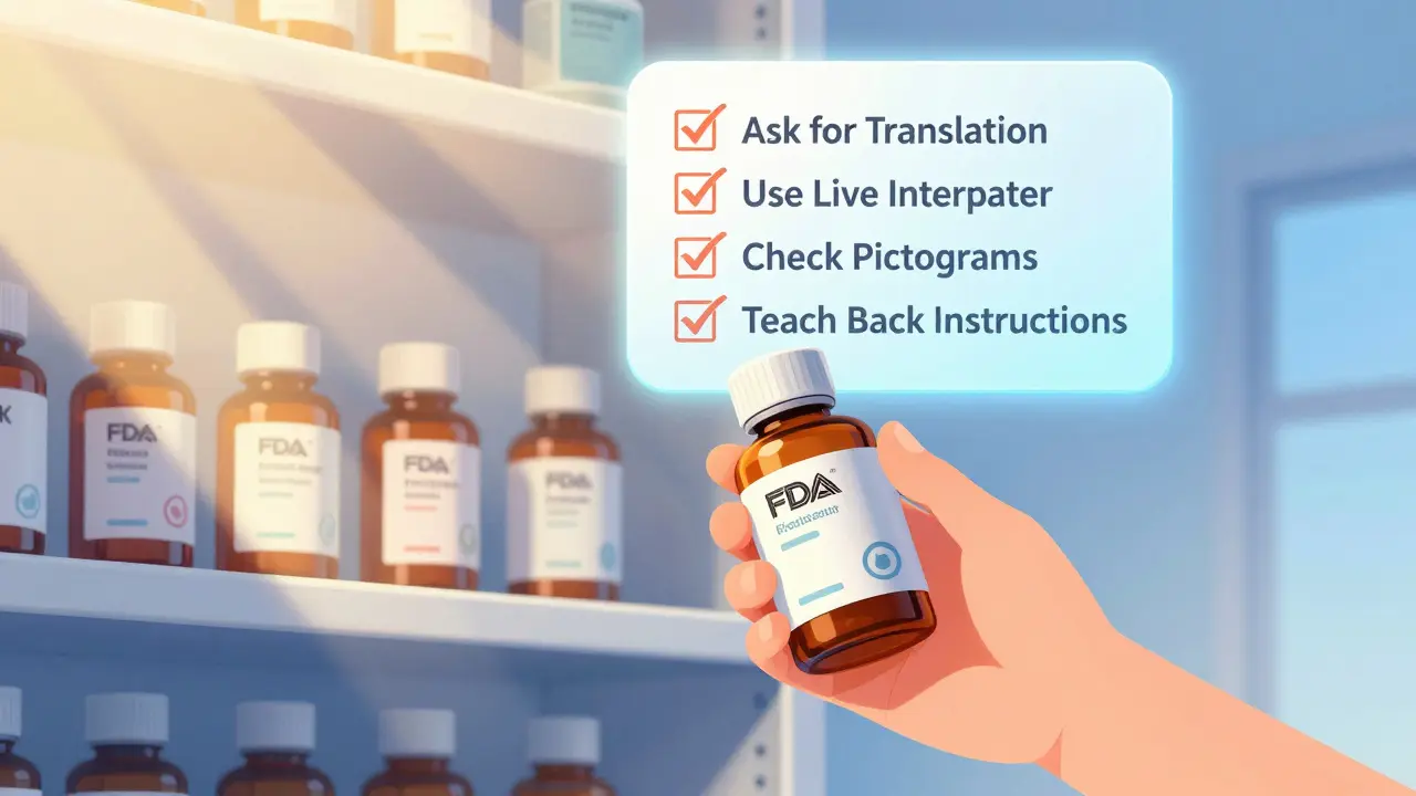 Pharmacy shelf with multilingual prescription labels featuring standard pictograms and a glowing safety checklist above.
