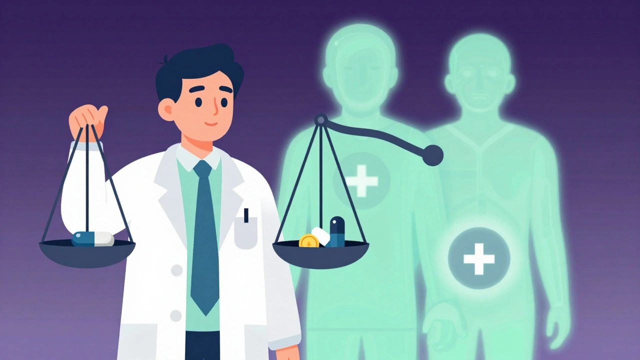 Physician balancing generic and brand-name drugs with pharmaceutical logos in gradient tones.