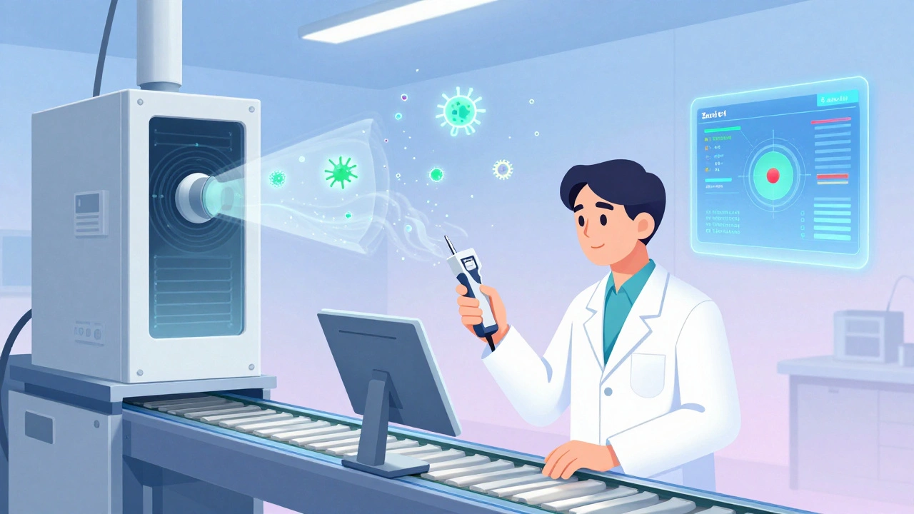 Scientist using an ATP tester in a cleanroom, with floating digital data and air sampler visualizing real-time contamination levels.