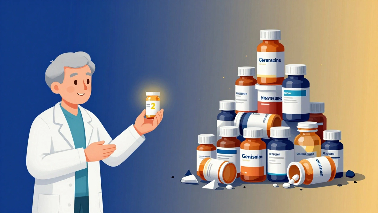 Senior receiving a  generic pill as expensive brand-name bottles crumble into dust.