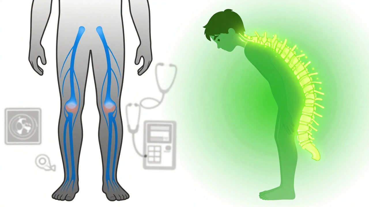 Side-by-side illustration of spinal nerve compression versus decompression with color gradients.