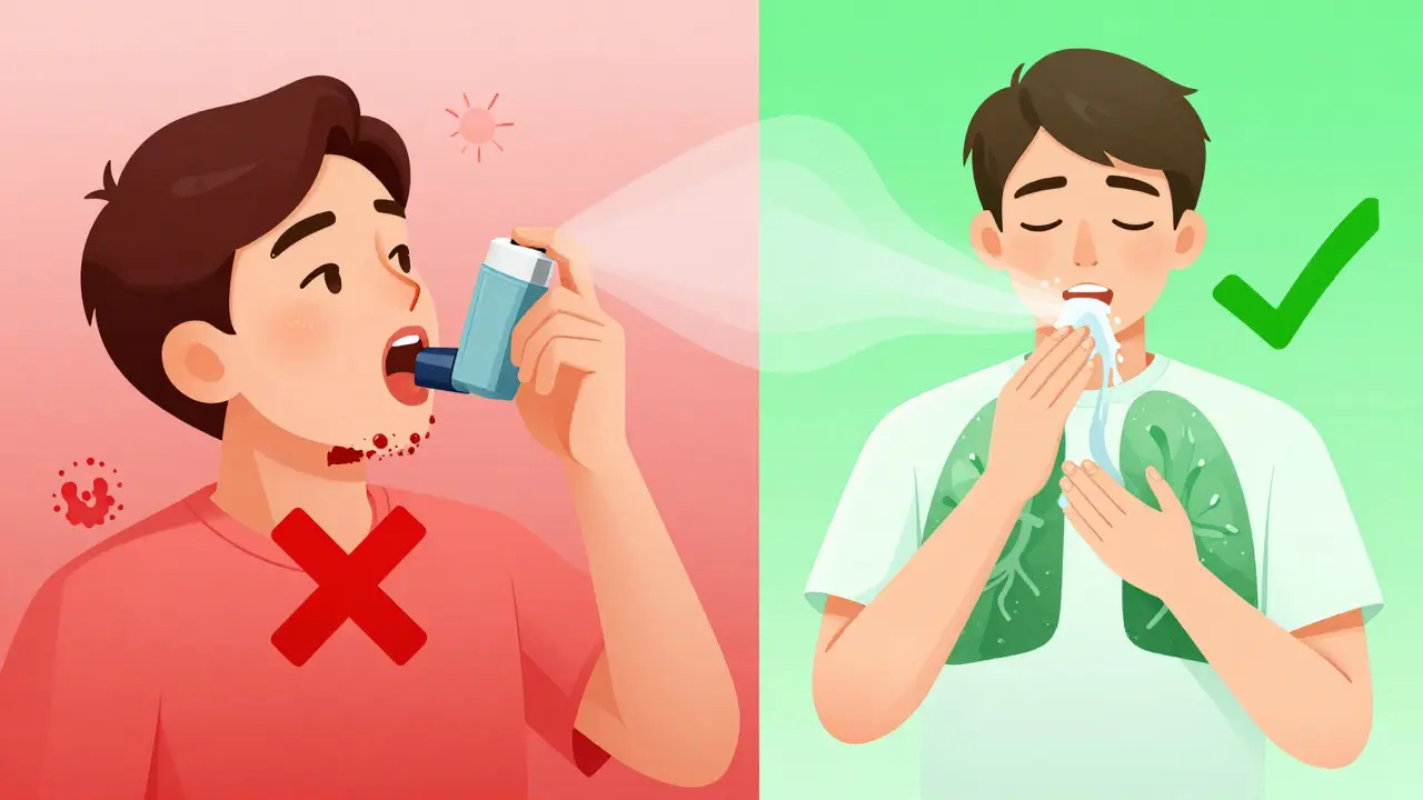 Side-by-side: incorrect inhaler use causing thrush vs. correct use with clean lungs.