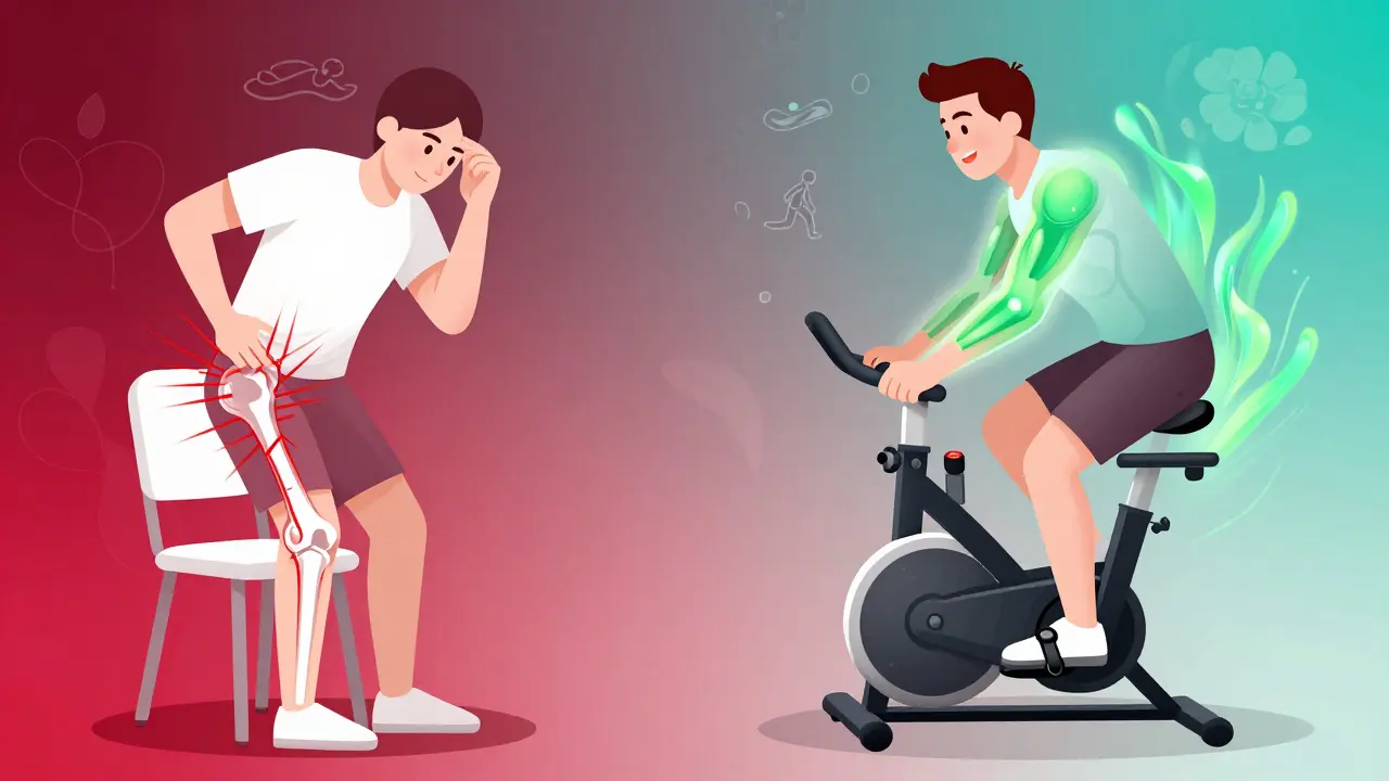 Split illustration showing hip pain transforming into safe exercise with gradient colors.