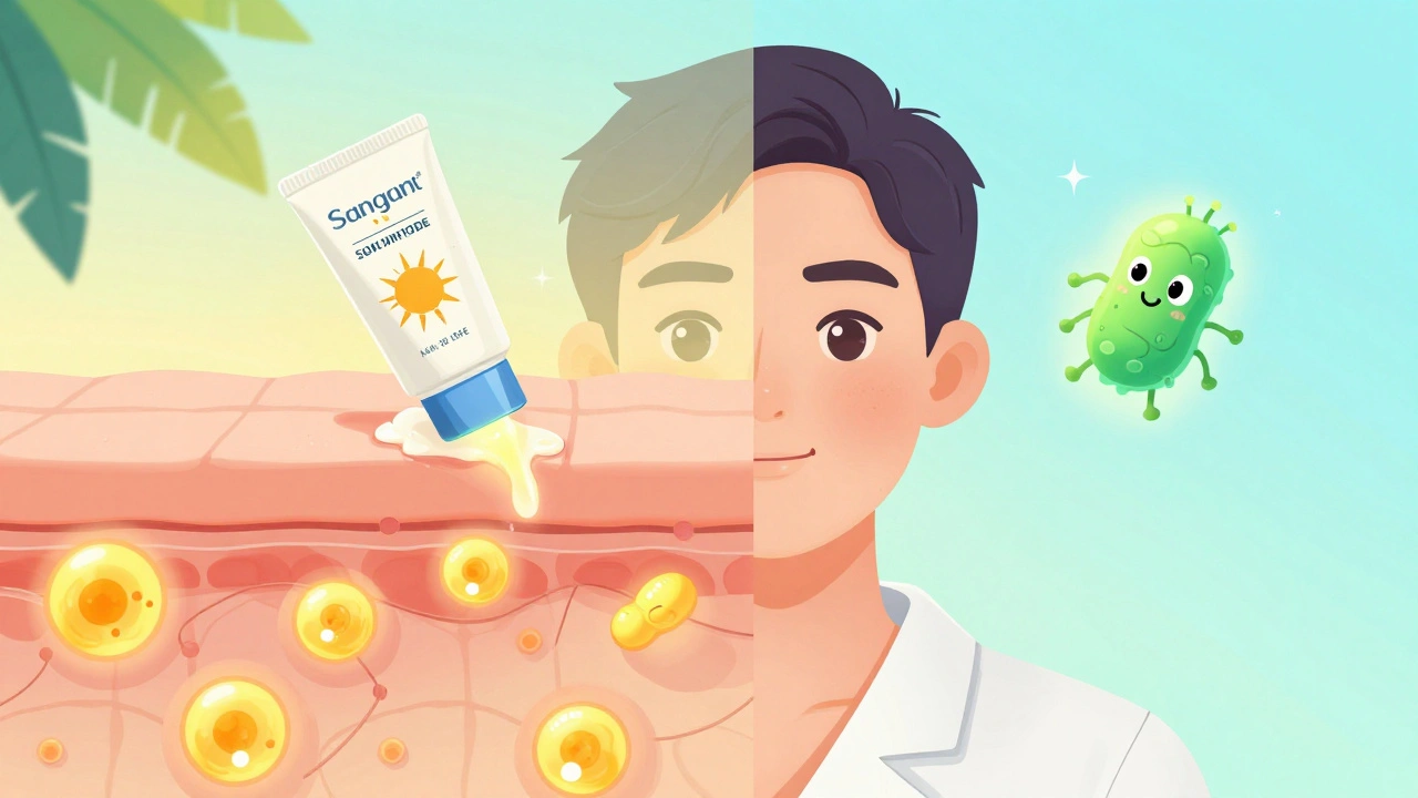 Split image: oily products feeding yeast vs. breathable fabrics supporting healthy skin.