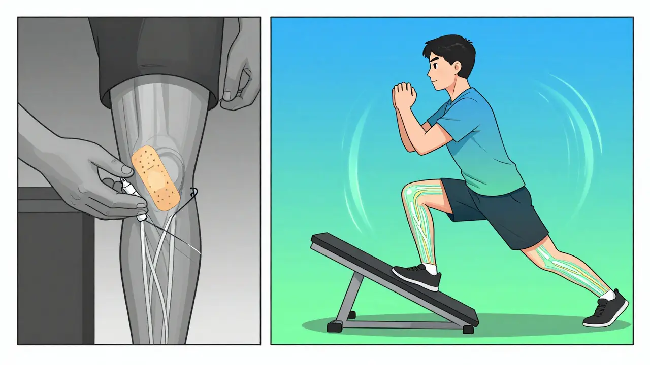 Split scene: cortisone injection on one side, eccentric squat with glowing tendon repair on the other, gradient colors.