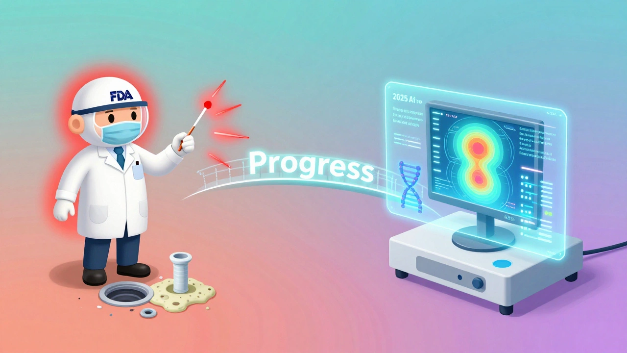 Split scene: FDA inspector with moldy drain on one side, AI prediction system on the other, connected by a glowing progress bridge.
