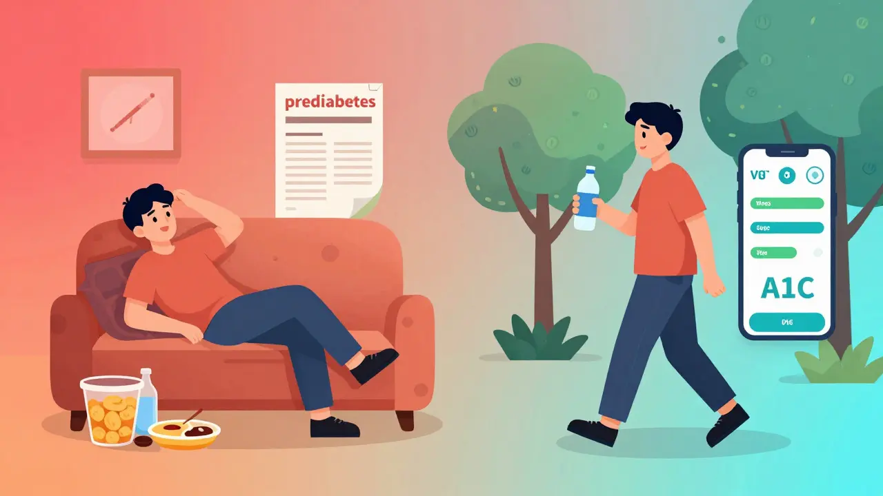 Split scene: person surrounded by junk food vs. same person walking and using a health app, symbolizing change