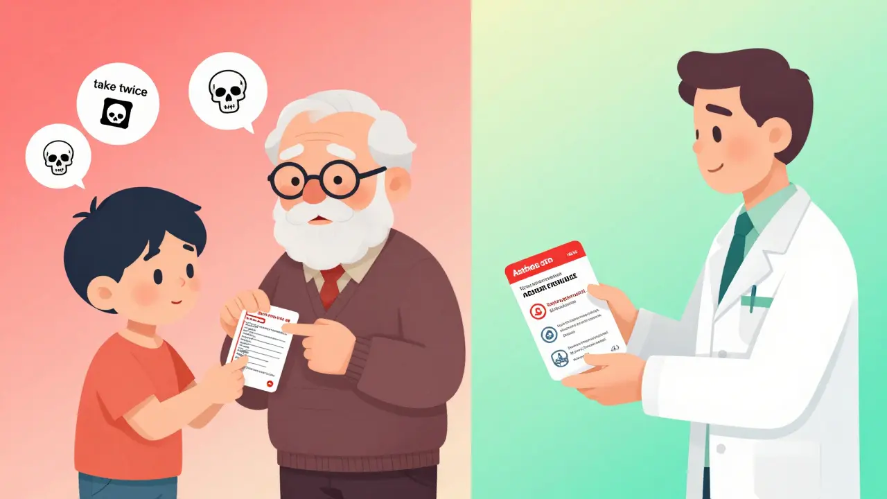 Split scene showing dangerous mistranslation by a child versus safe, accurate bilingual label with pictograms provided by a pharmacist.