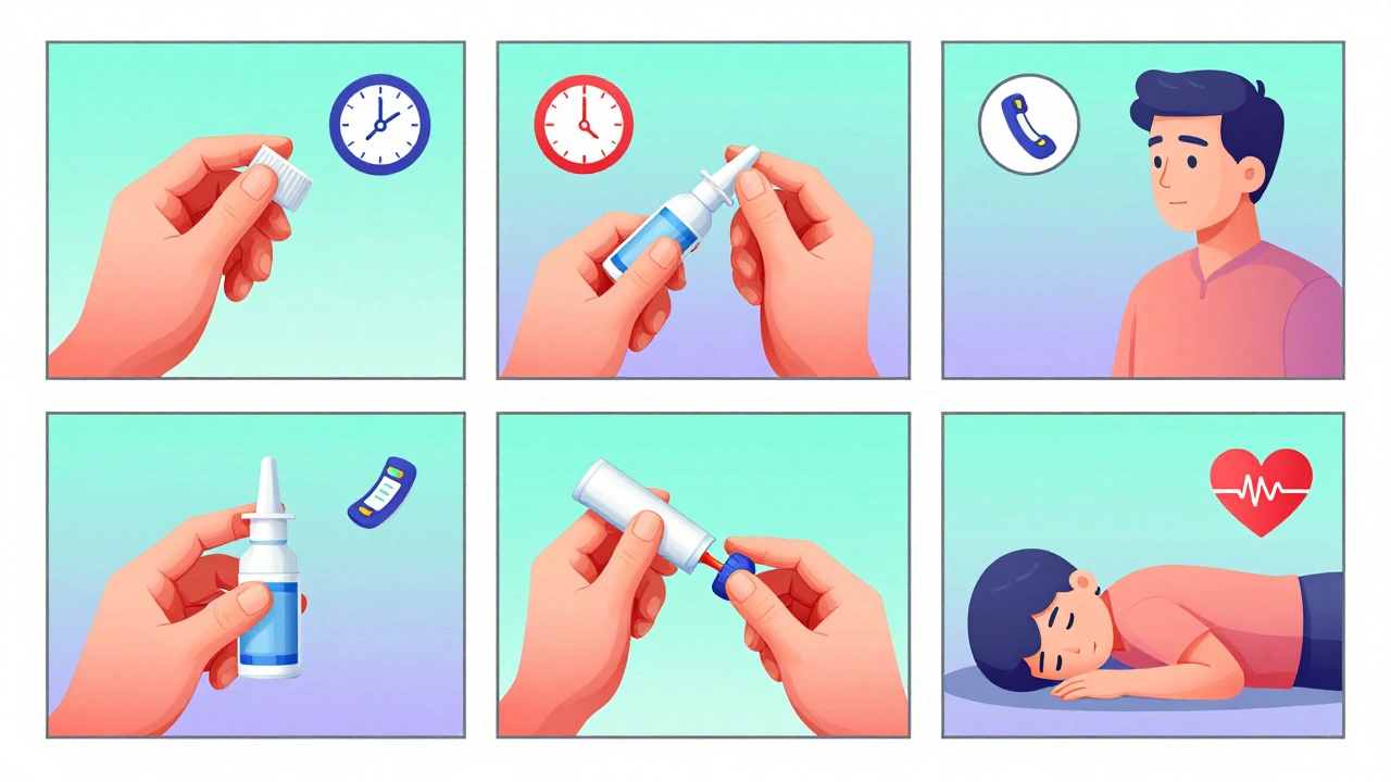 Step-by-step cartoon illustration of how to use a naloxone nasal spray during an overdose.