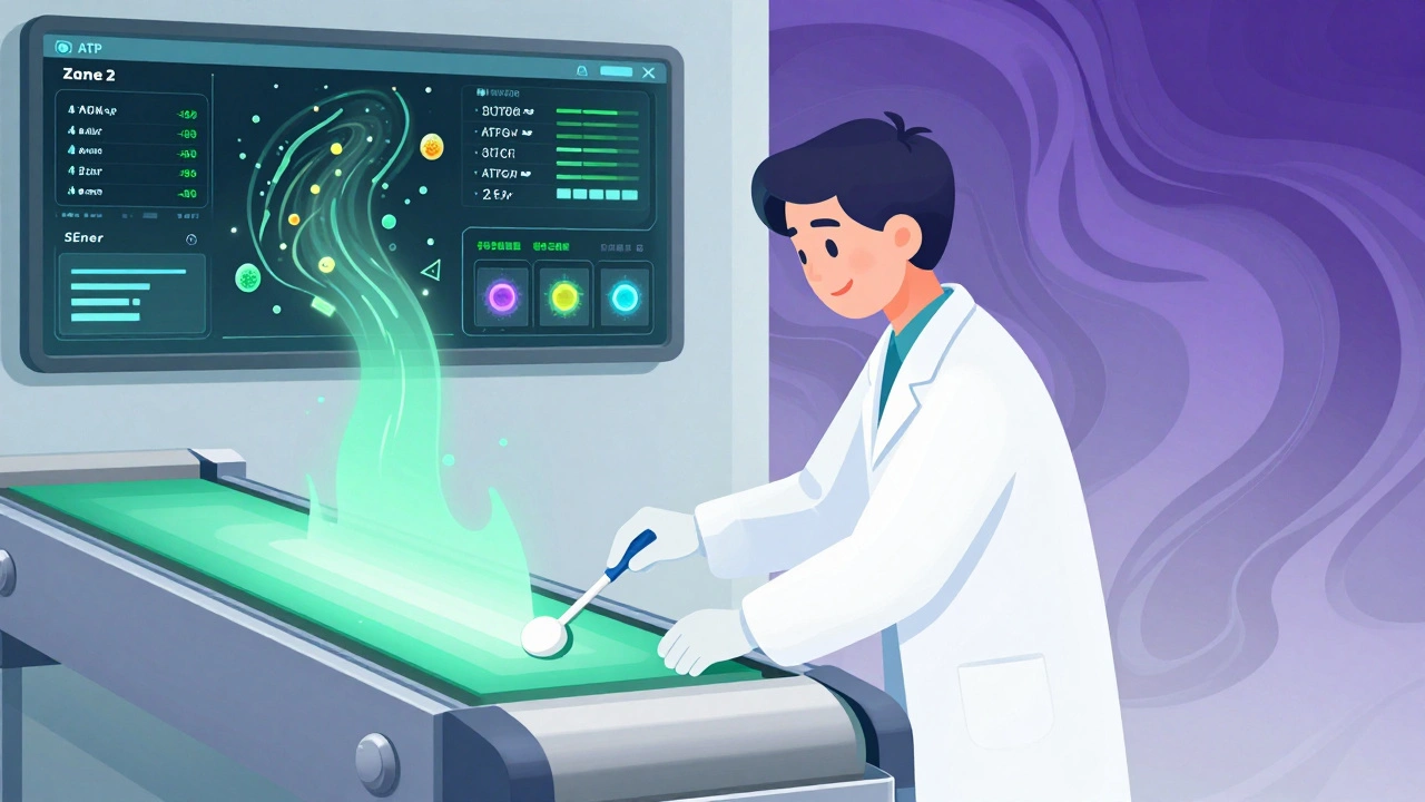 Technician tests a surface while an AI dashboard displays real-time environmental data in soft gradient hues.