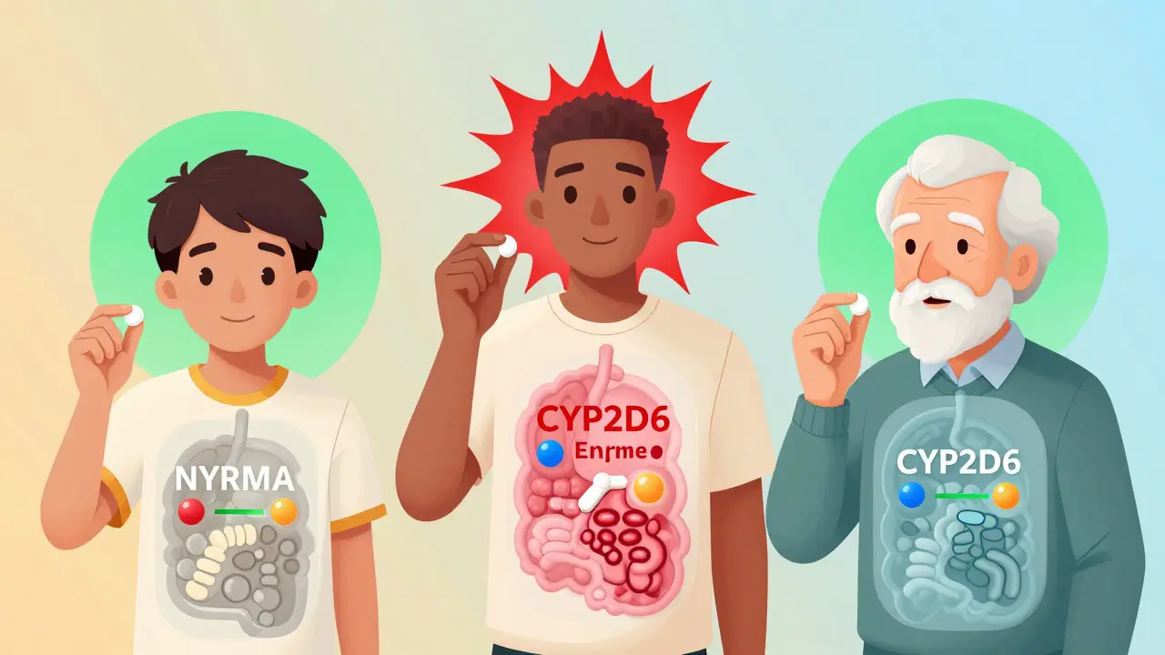 Three people with internal enzyme activity levels shown, one experiencing dangerous morphine surge.