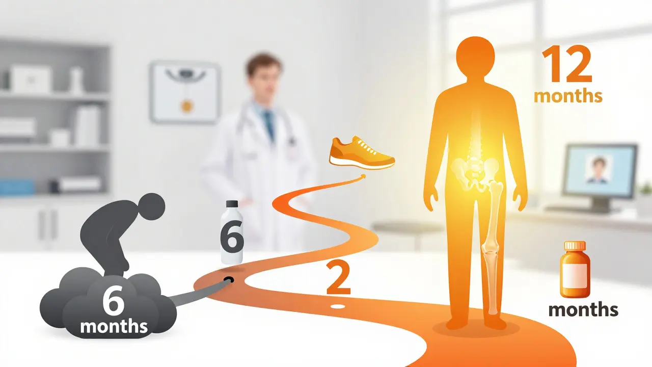 Timeline of hip OA improvement over 12 months with glowing joint and health icons.