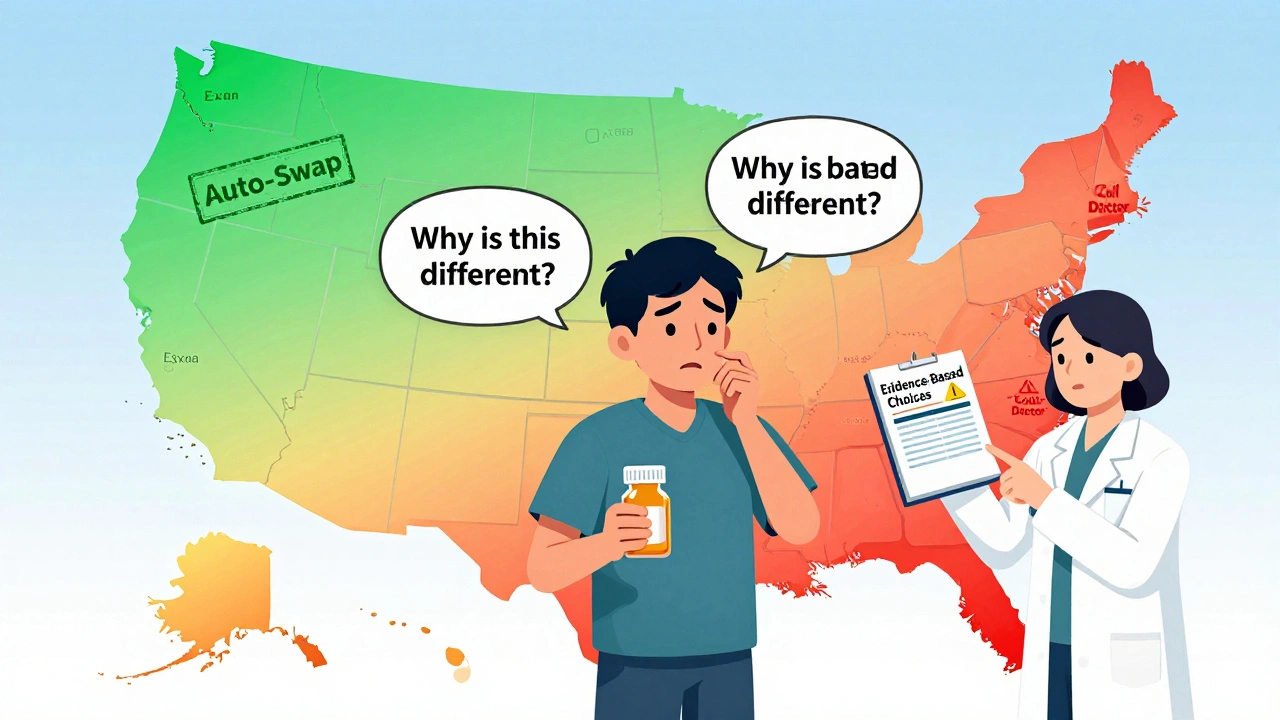 U.S. map shows state-by-state therapeutic interchange rules, with patient confused by varying regulations.