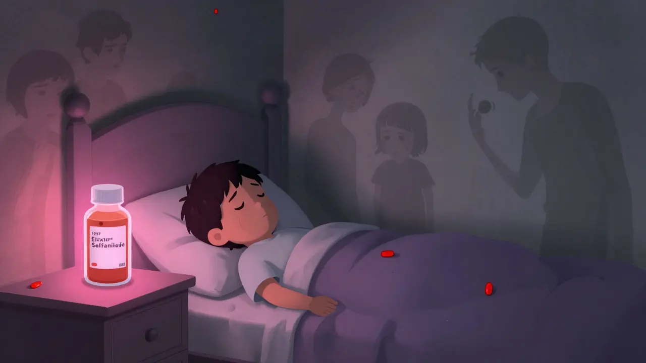 A child’s bedroom with a glowing medicine bottle casting eerie shadows, symbolizing a deadly drug tragedy.