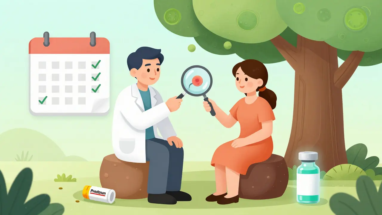 A dermatologist and patient examining a treatable skin lesion under a tree with skin-cell leaves and six-month checkmarks.