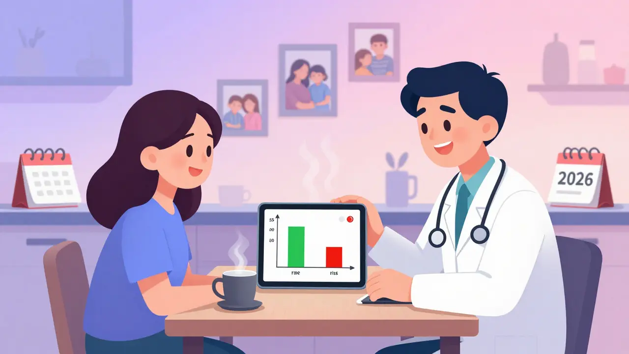 A doctor and patient reviewing a simple bar chart on a tablet at a kitchen table, smiling, with soft gradient lighting.
