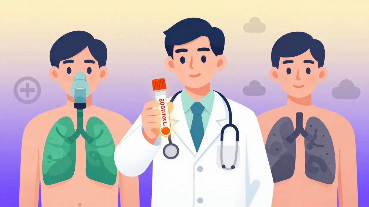 A doctor holding a blood test showing high eosinophils, with two patients representing different responses to triple therapy.