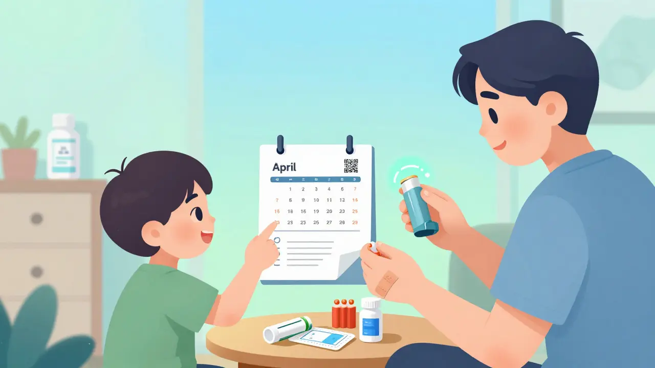 A family replacing an expired inhaler while checking a biannual first-aid kit maintenance checklist.