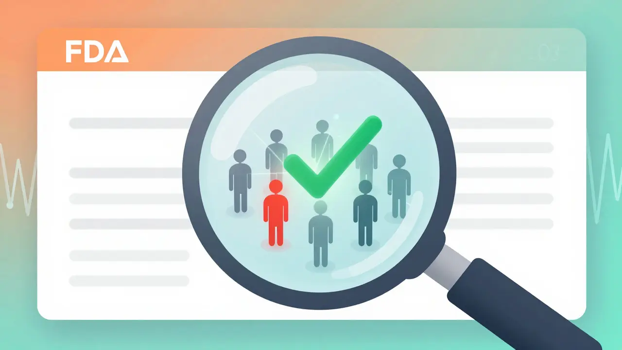 A magnifying glass revealing a pattern of patient icons, with one red and many gray, forming a green checkmark.