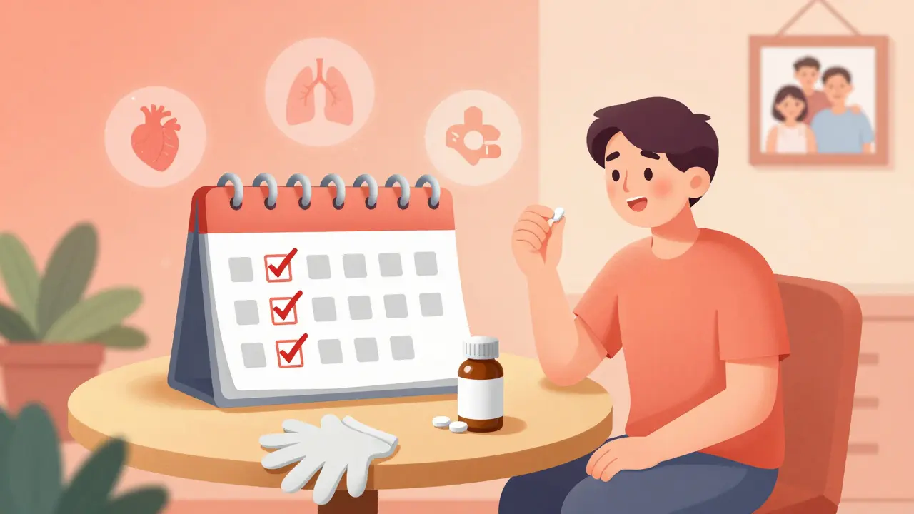 A patient taking daily meds at home with family photo and garden tools, representing lifelong care.