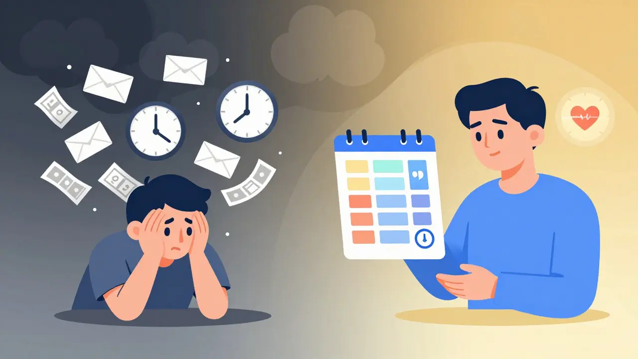 A person overwhelmed by chaotic tasks on one side, and calm with color-coded calendar and pulse monitor on the other, symbolizing ADHD management.
