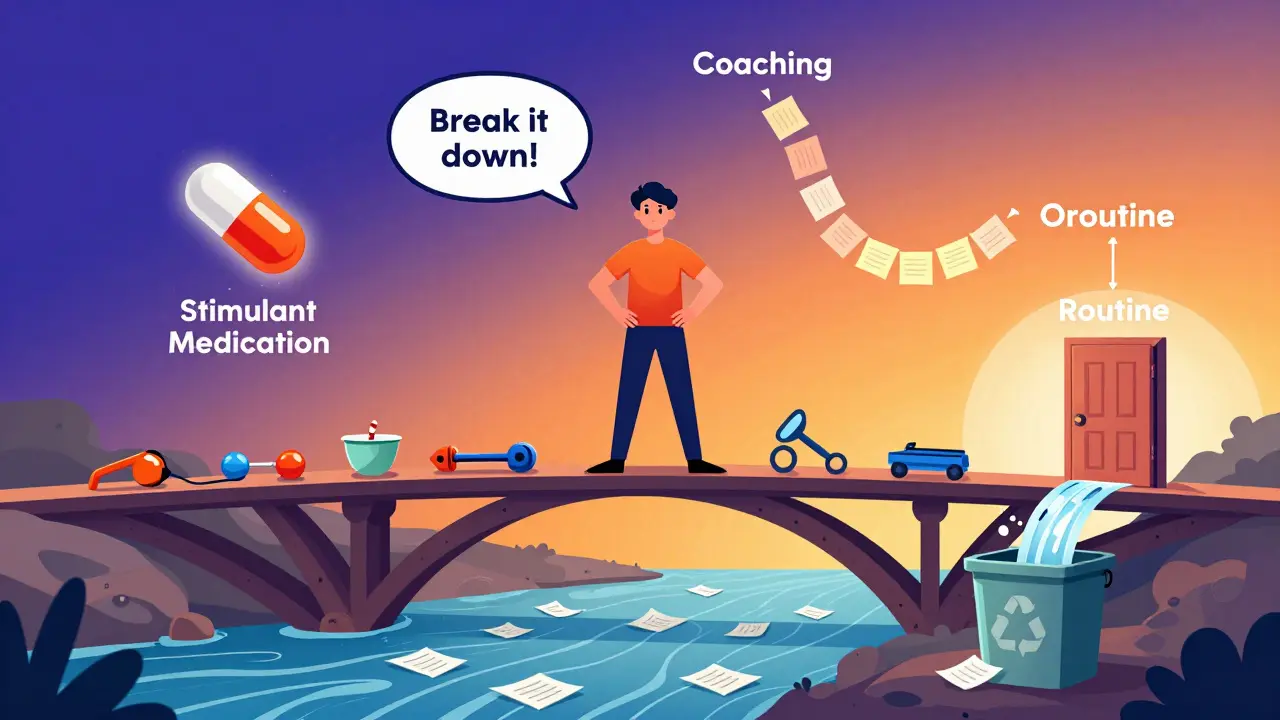 A person standing on a bridge of ADHD tools — medication, coaching, and organization — leading to a routine door, with papers flowing into a bin.