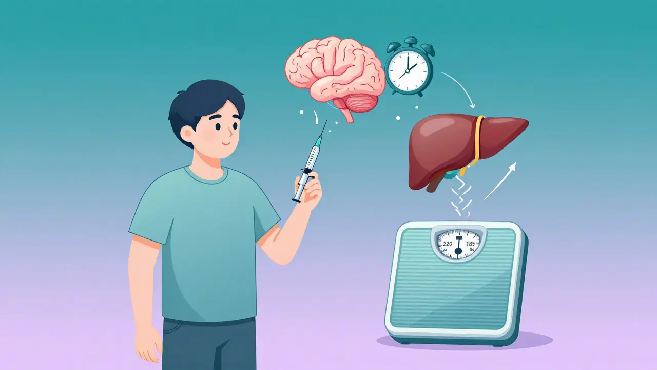 A person using an injection pen beside a scale showing significant weight loss, with visual metaphors of slowed digestion and quieted liver.