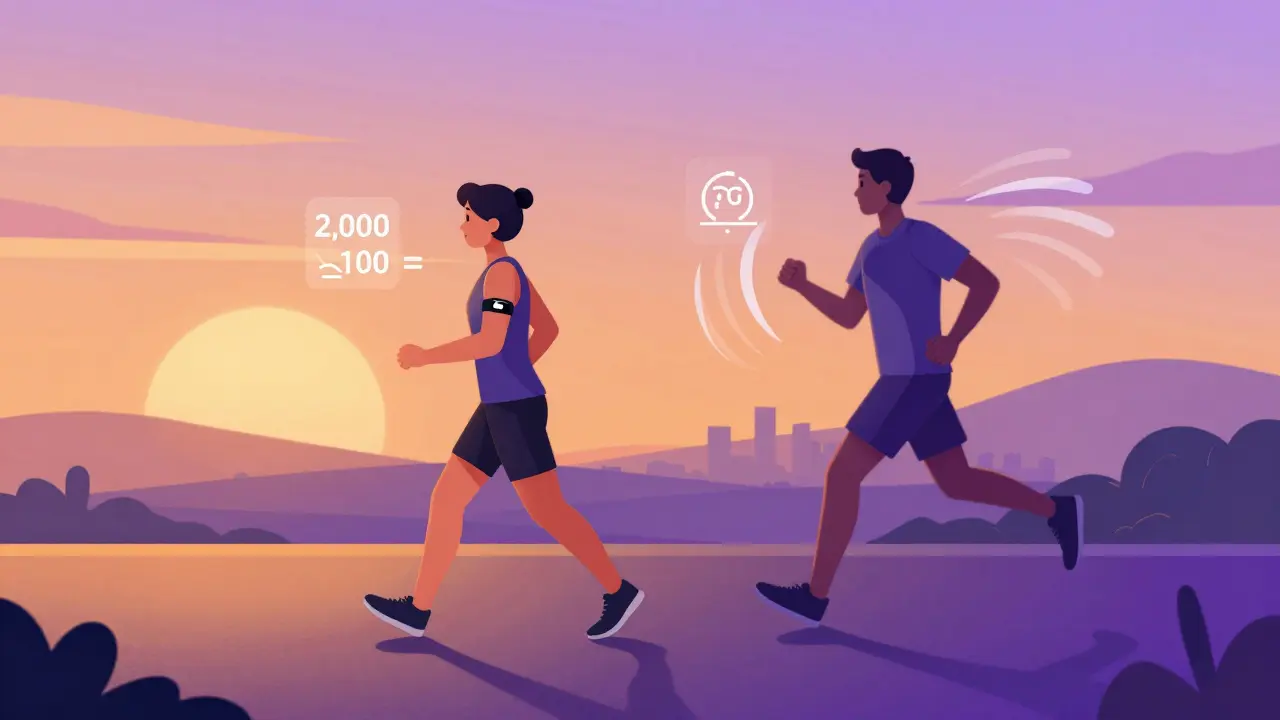 A person walking slowly at sunset with step and calorie icons floating nearby, gradient sky behind them.