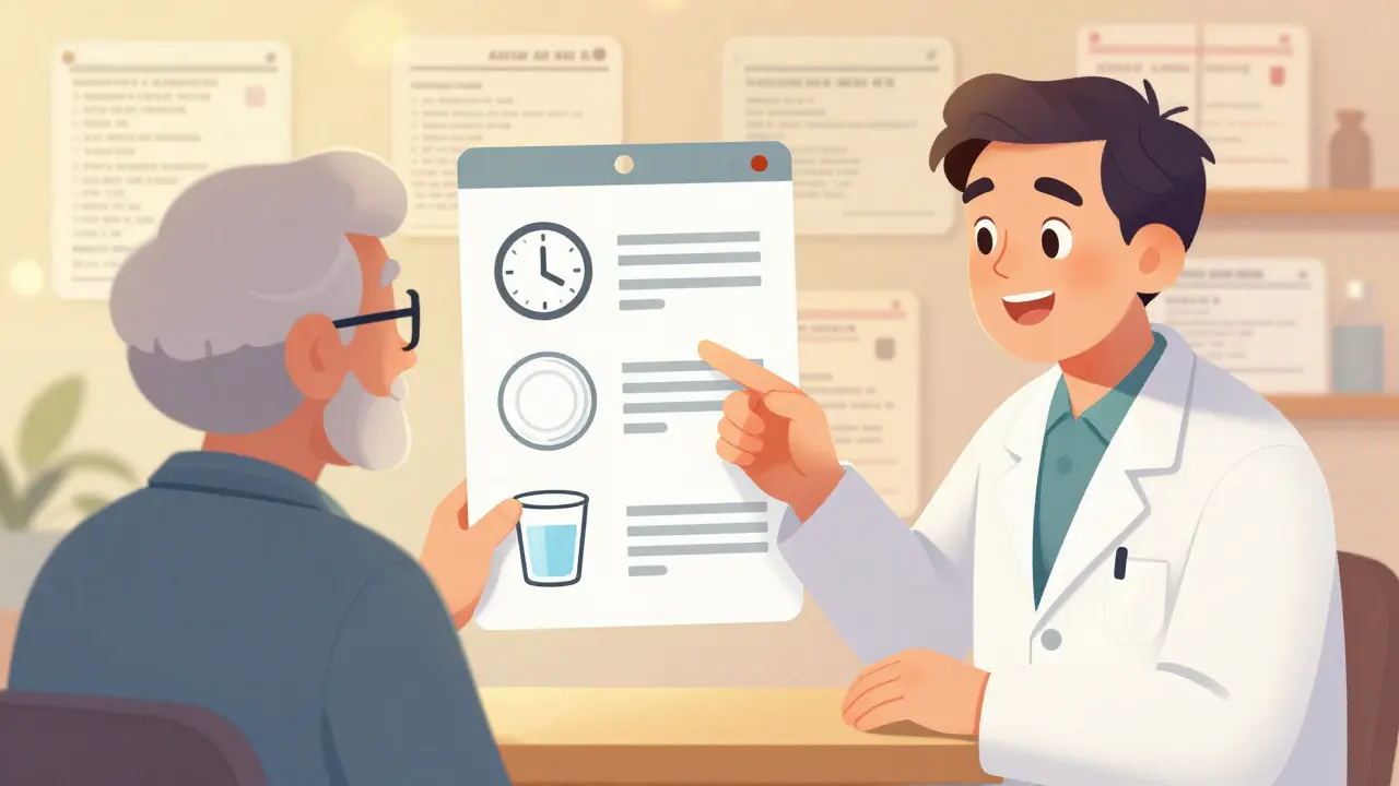 A pharmacist explaining medication use with visual aids to an elderly patient.