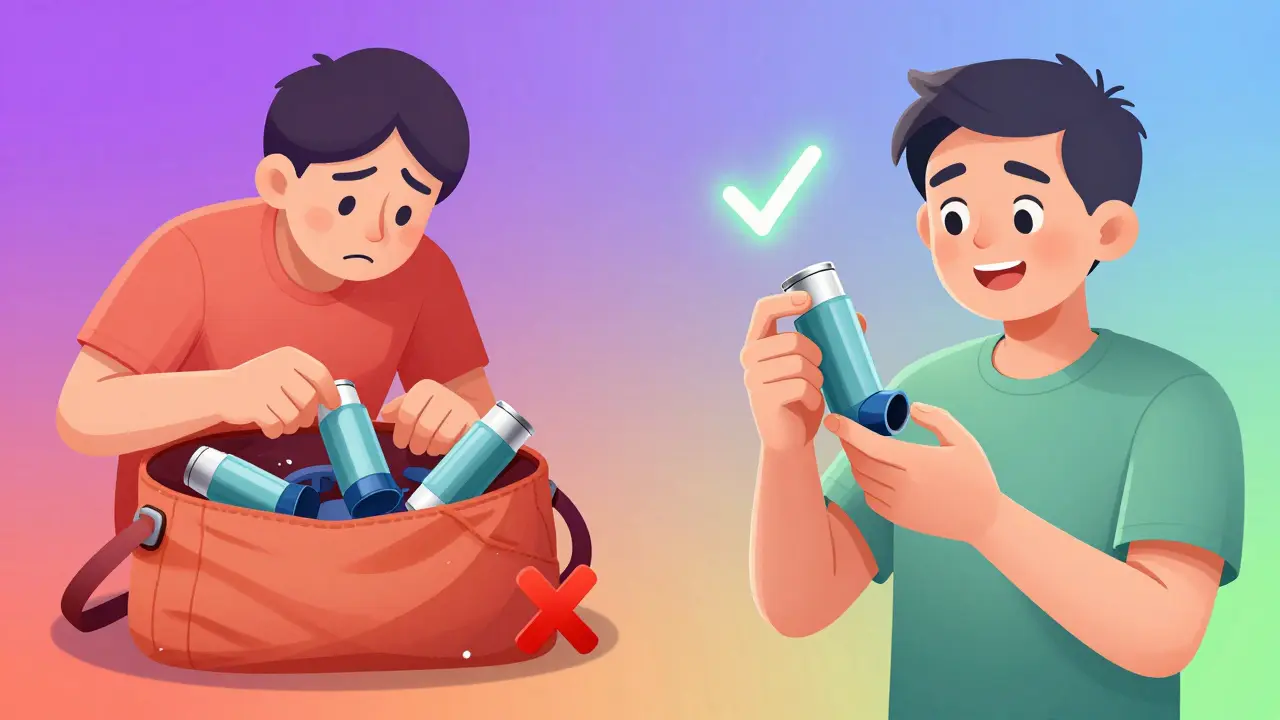 A side-by-side scene showing confusion with three inhalers versus calm simplicity with one inhaler.