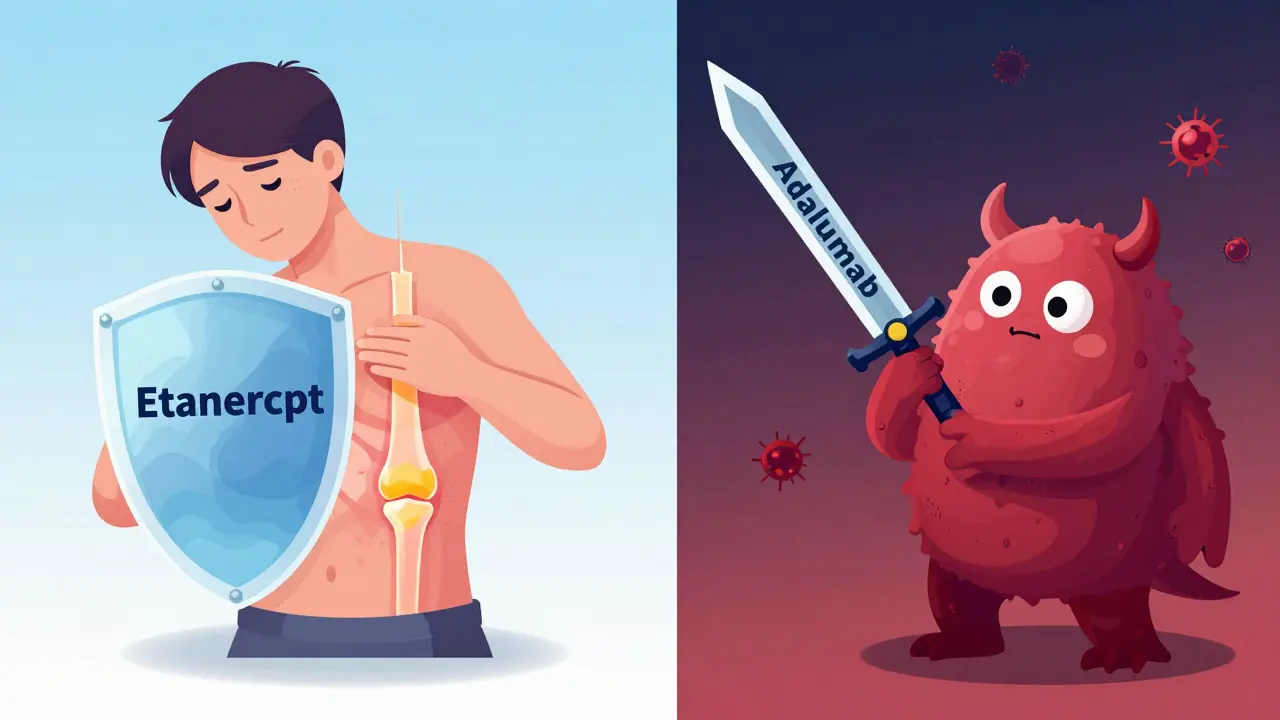 A split illustration showing Etanercept calming inflammation versus Adalimumab with faint cancer sparks nearby.