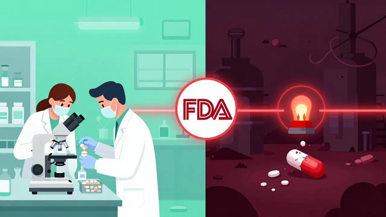 A split scene shows a clean lab on one side and a contaminated factory on the other, linked by a red alarm.