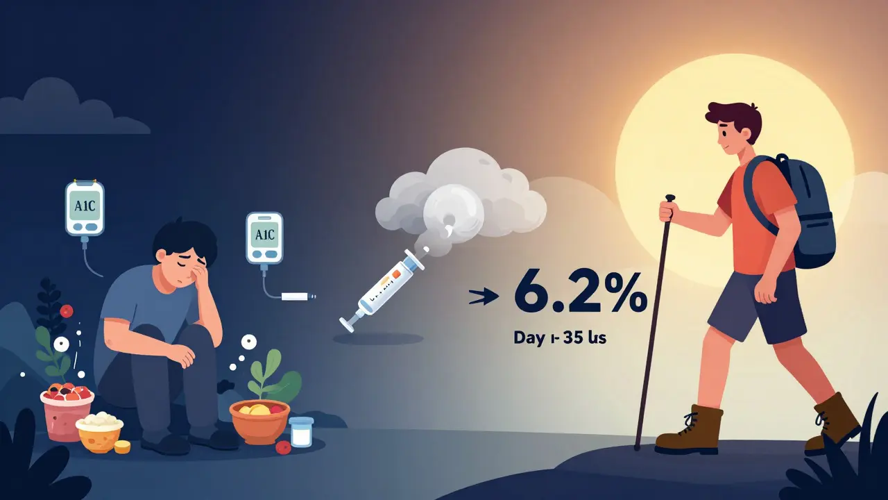 A timeline showing transformation from tired, overweight person to energized, healthier individual with improved blood sugar.