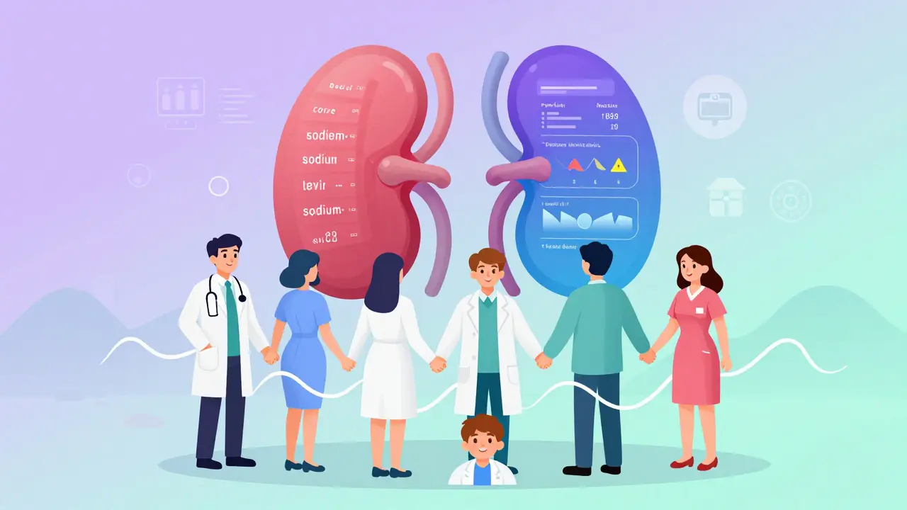 Care team around a kidney dashboard showing sodium levels, with balanced fluid waves in gradient illustration.