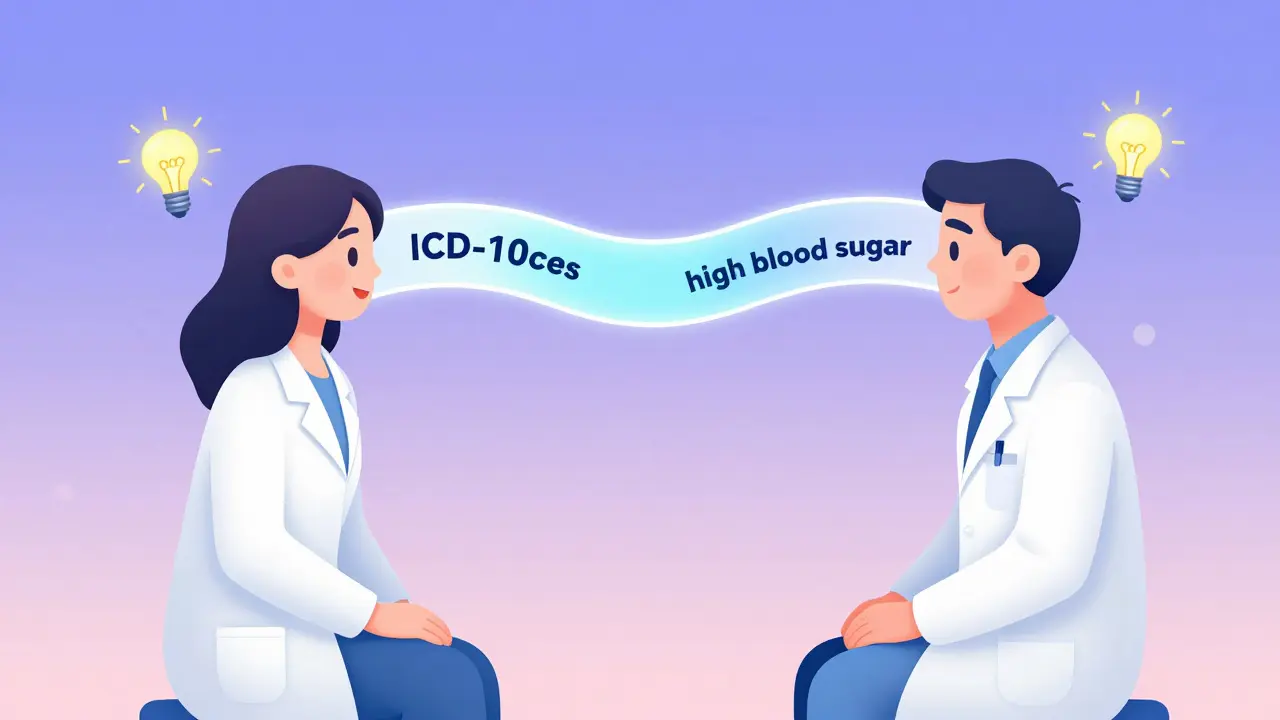 Clinician and patient connected by a glowing bridge of medical terms turned into everyday language.