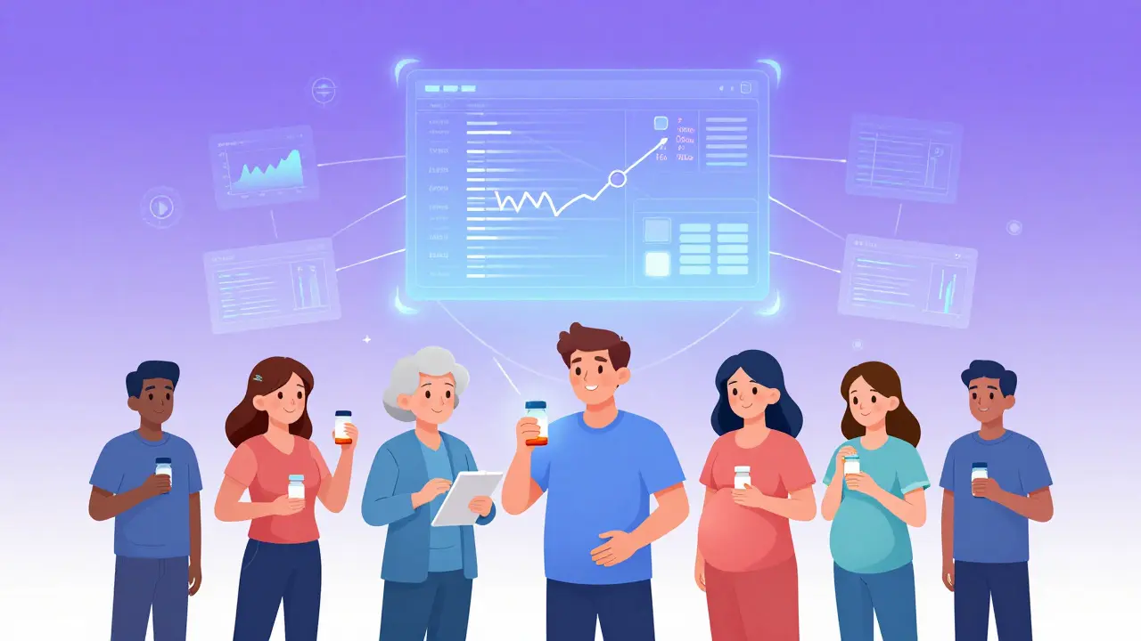 Diverse patients connected by glowing lines to a network of real-time health records in the sky.