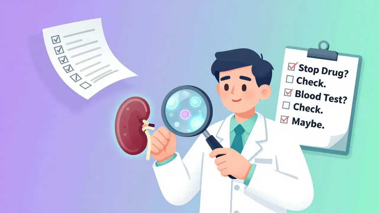 Doctor examining a glowing kidney biopsy sample with floating medication list.