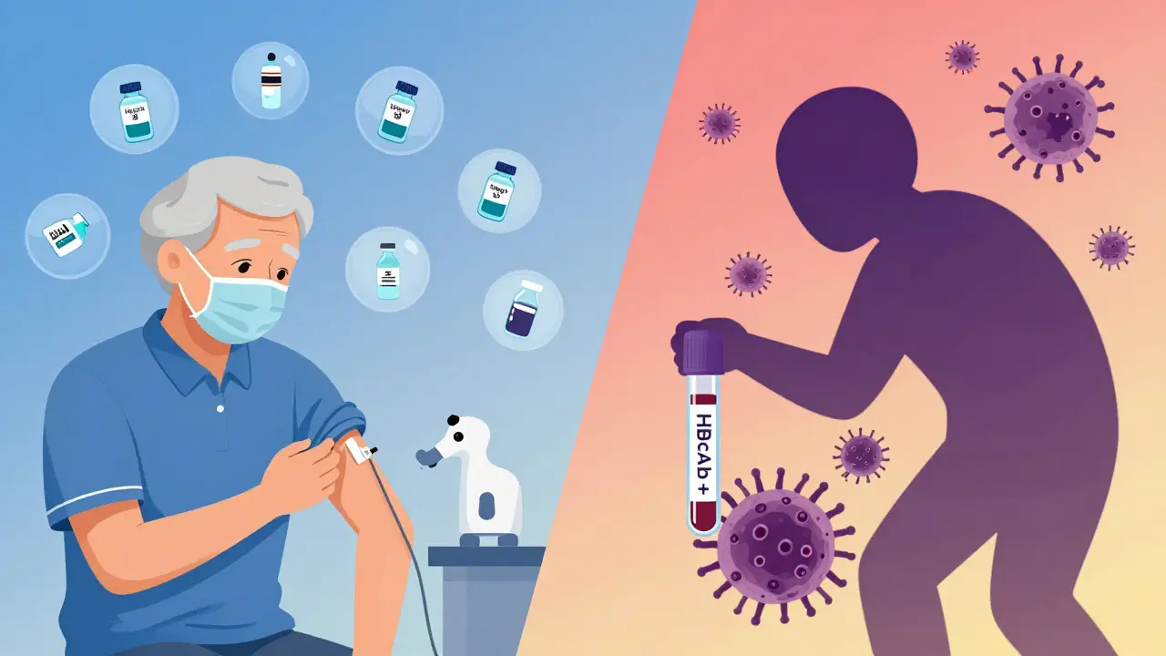 Elderly patient receiving vaccine while hidden TB bacterium lurks nearby, medical icons floating around