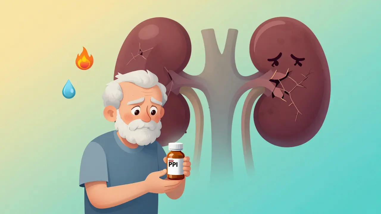 Elderly person with OTC pills as a shadowy damaged kidney looms behind them.