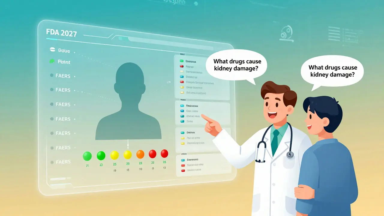 Futuristic FDA dashboard integrating drug safety data with real-world health records using AI