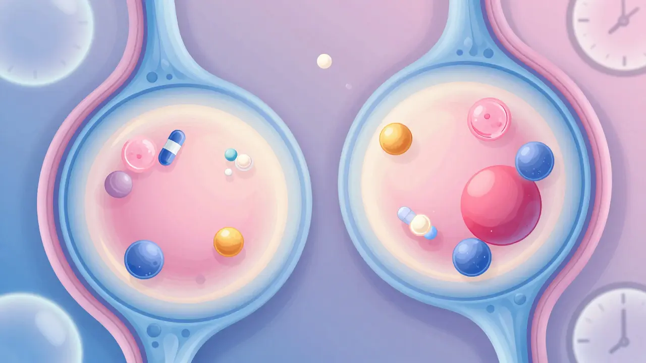 Microscopic view of breast alveoli with small drug molecules passing through cell membranes, larger ones blocked.