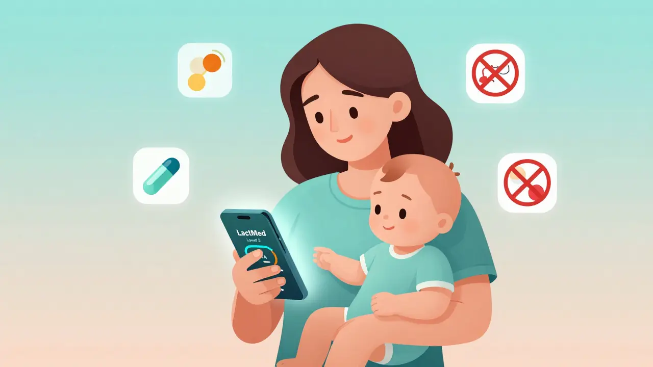 Mother using LactMed app to check medication safety while holding baby, surrounded by safe and avoided drugs.
