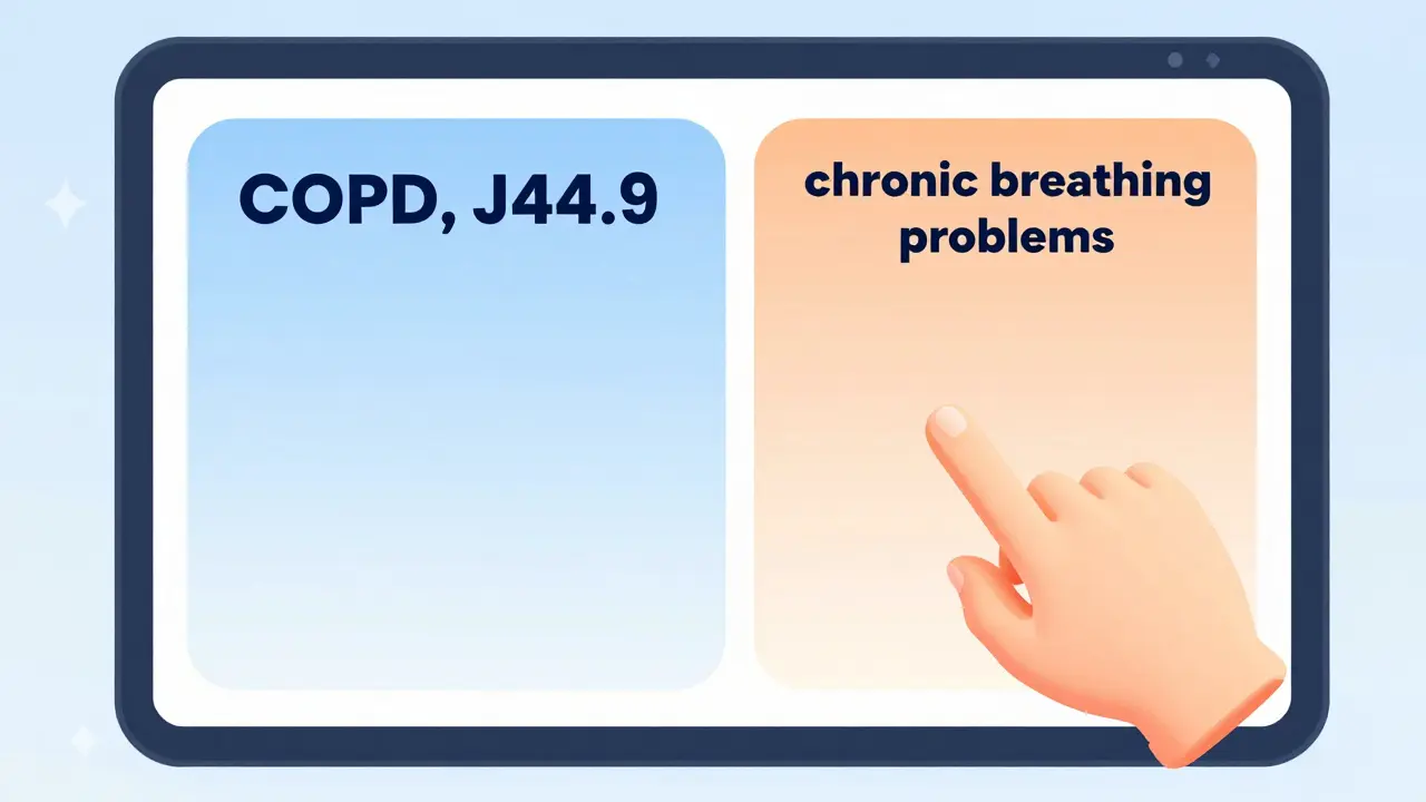 Patient portal showing clinical terms next to plain-language translations in gradient colors.
